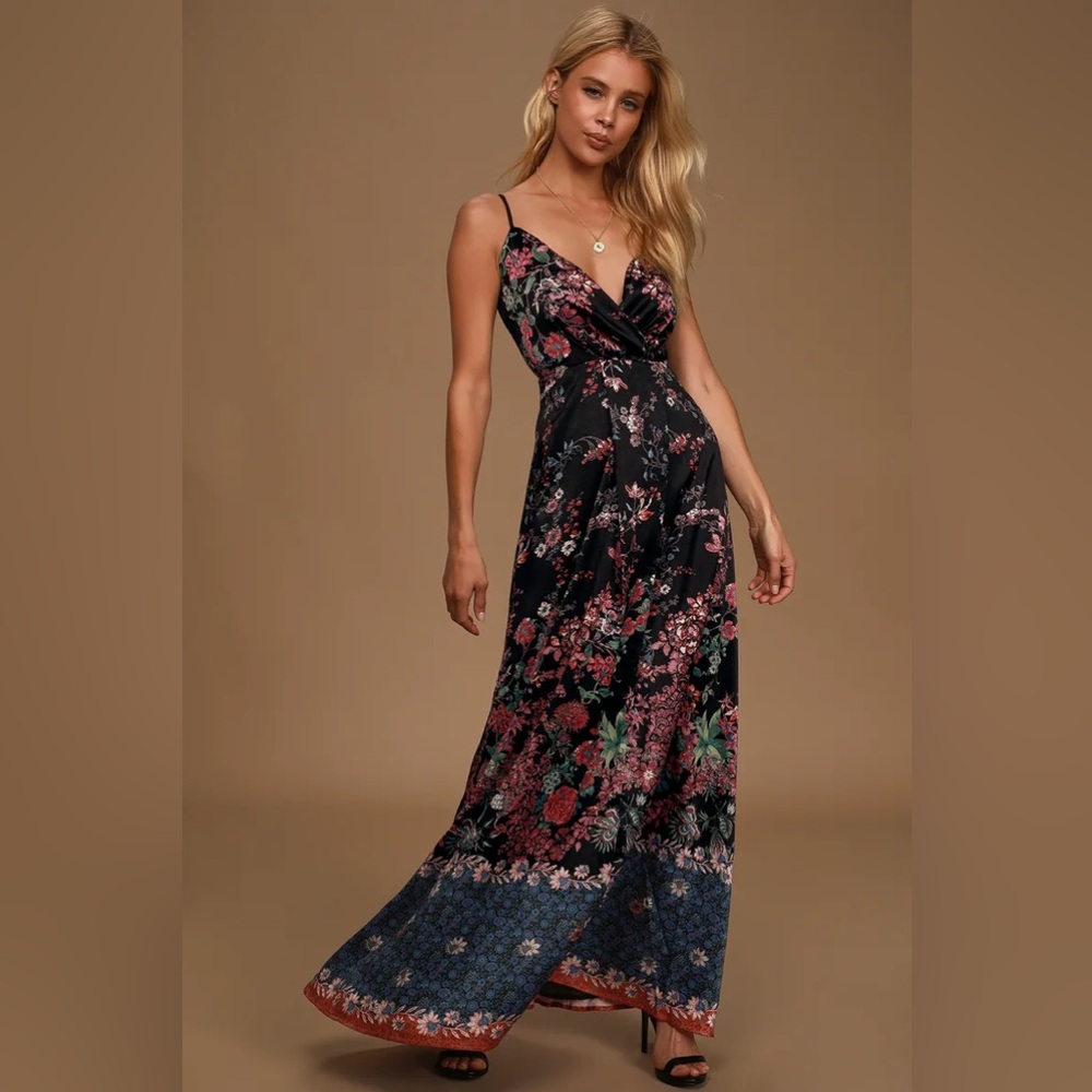 Lulus Budding Love Black Floral Print Satin Maxi Dress, Size M